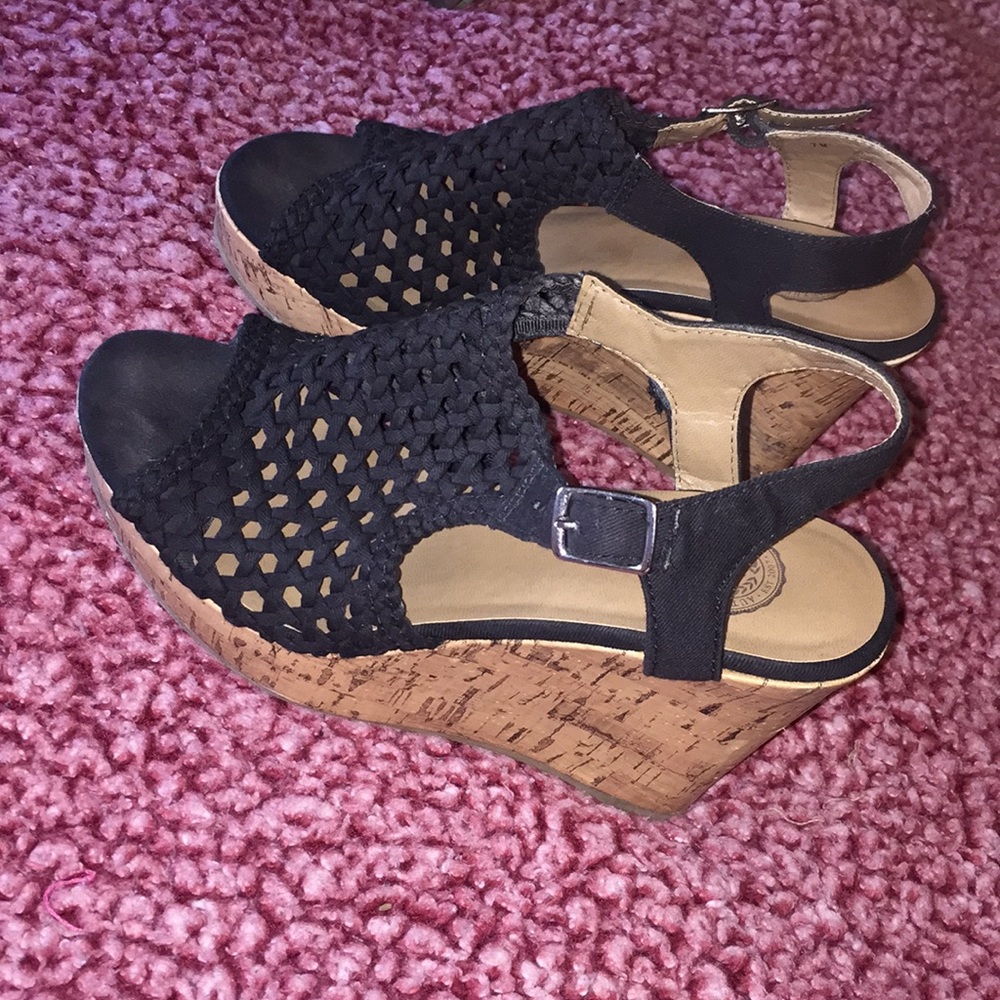 Black open toe strap wedges
